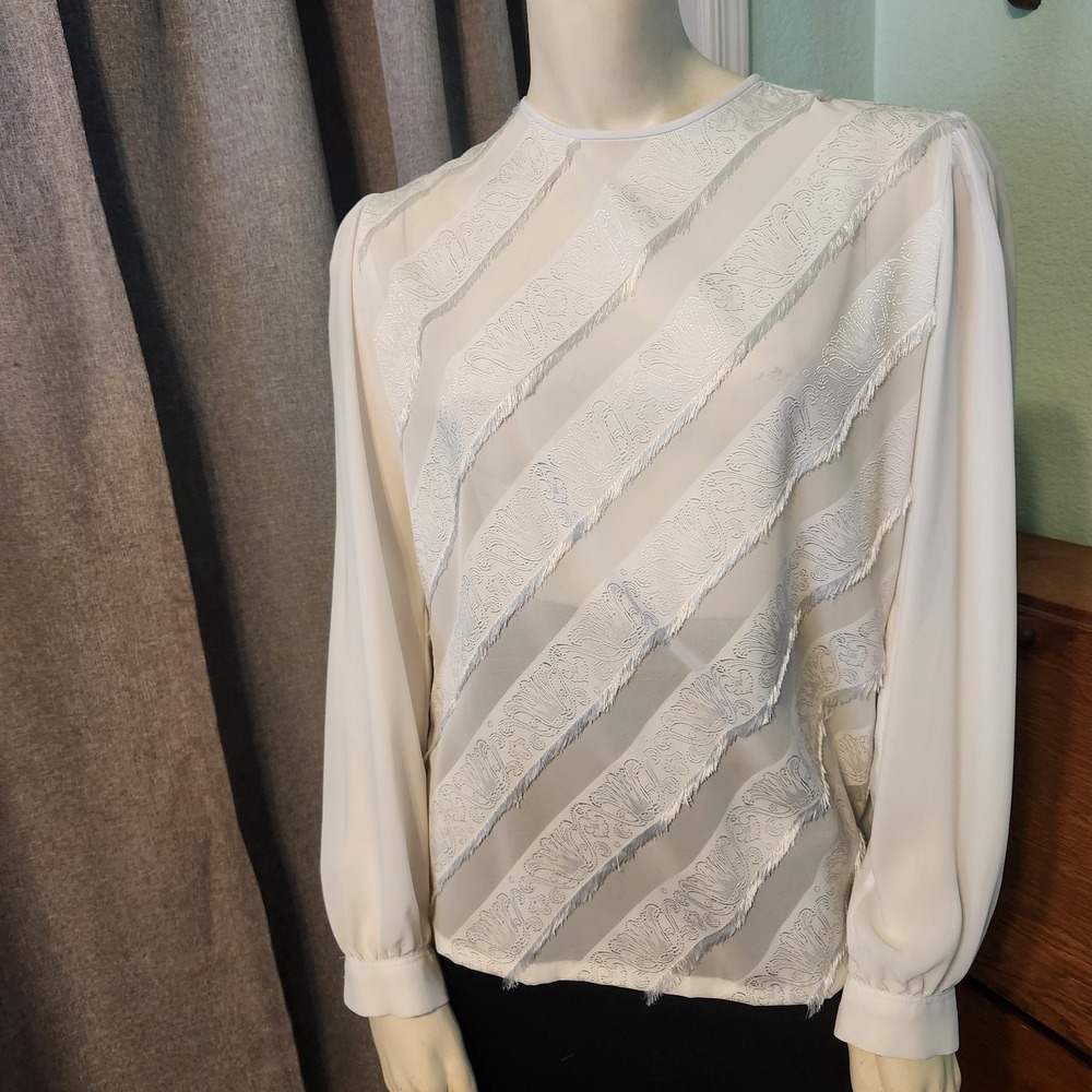 Vtg Gailord White Satin Tiered‎ Fringe Long Sleeve Blouse Sz 10 80s Secretary